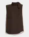 Brunello Cucinelli Crispy Silk Chiffon Tie Blouse In Brown