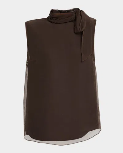 Brunello Cucinelli Crispy Silk Chiffon Tie Blouse In Brown