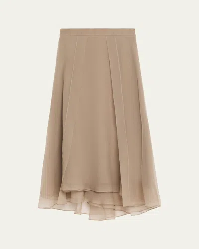Brunello Cucinelli Crispy Silk Organza Overlay Midi Skirt In Brown