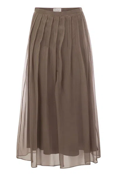 Brunello Cucinelli Pleated Silk Organza Midi Skirt In Brown