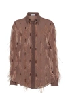 Brunello Cucinelli Crispy Silk Shirt With Dazzling Feather Embroidery In Brown