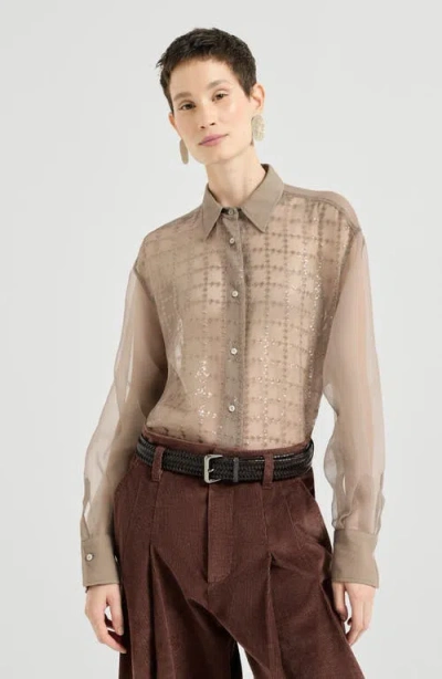 Brunello Cucinelli Crispy Silk Shirt With Dazzling Windowpane Embroidery In Neutral