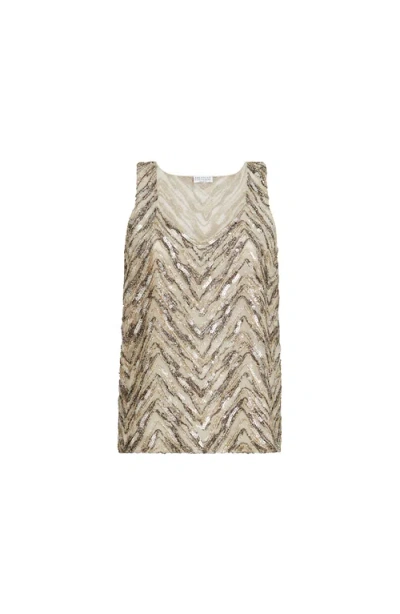 Brunello Cucinelli Women Beige Crispy Silk Top With Dazzling Chevron Embroidery In Multi