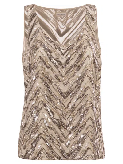 Brunello Cucinelli Crispy Silk Top With Dazzling Chevron Embroidery In Brown