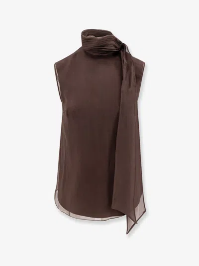 BRUNELLO CUCINELLI CRISPY SILK TOP WITH LAVALLIÈRE AND MONILI
