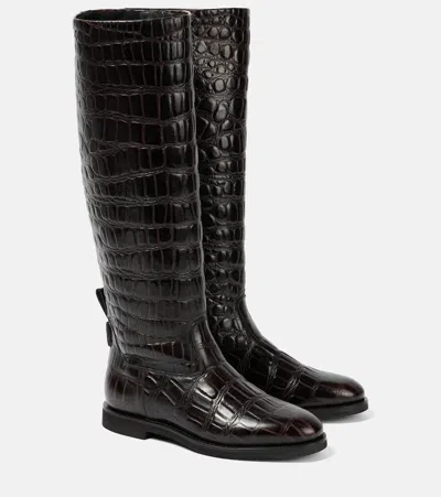 Brunello Cucinelli Croc-effect Leather Knee-high Boots In Brown