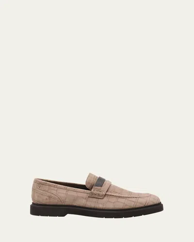 Brunello Cucinelli Croc-embossed Suede Monili Penny Loafers In White