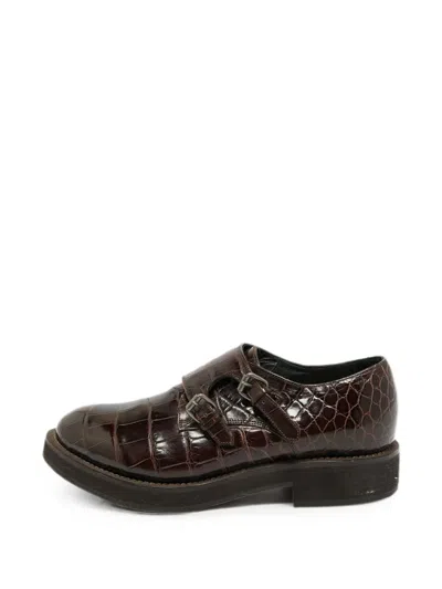 Pre-owned Brunello Cucinelli Croc-embossed Double-strap Oxford Shoes In Brown