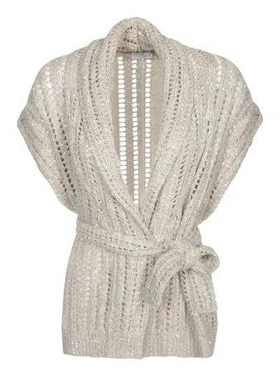 BRUNELLO CUCINELLI CROCHET BELTED CARDIGAN IN BEIGE