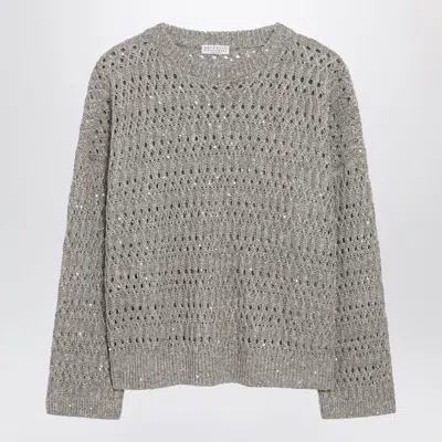Brunello Cucinelli Crochet Crewneck Sweater With Sequins In Gray