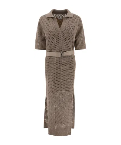 Brunello Cucinelli Crochet-knitted Belted Midi Dress In Brown