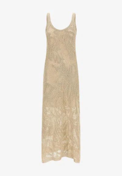 Brunello Cucinelli Crochet Knit Midi Dress In Sand