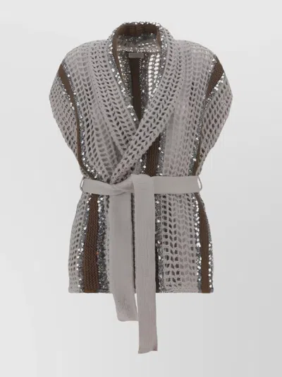 Brunello Cucinelli Crochet Knit Sleeveless Cardigan In Gray