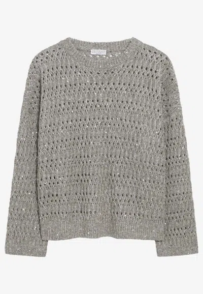 Brunello Cucinelli Crochet Knit Sweater With Sequins In Gray
