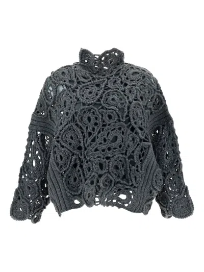 Brunello Cucinelli Crochet-lace High-neck Sweater In Gray