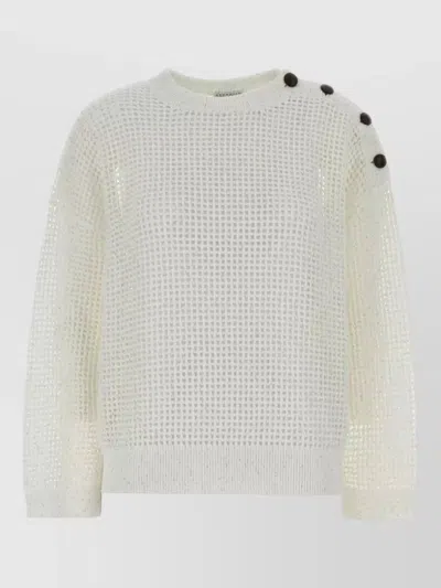 Brunello Cucinelli Crochet Sweater Crew Neck Button Detail In White