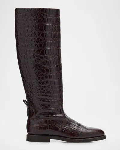 Brunello Cucinelli Croco Embossed Leather Knee Boots In Brown