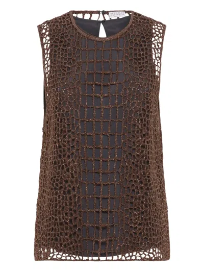 Brunello Cucinelli Precious Croc Embroidery Top In Brown