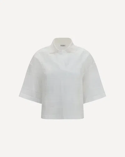 Brunello Cucinelli Crop Cotton Organza Polo With Broderie Anglaise In White