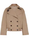 Brunello Cucinelli Brown Double-breasted Crop Jacket With Windbreak Flap And Classic Wide Lapels In Cotton Blend Woman In Brown