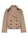 Brunello Cucinelli Brown Double-breasted Crop Jacket With Windbreak Flap And Classic Wide Lapels In Cotton Blend Woman
