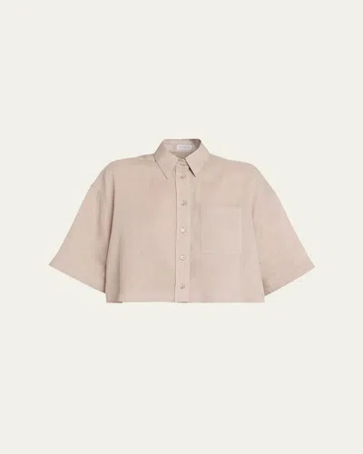 Brunello Cucinelli Cropped Button-down Linen Shirt In Neutral