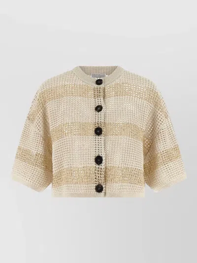 Brunello Cucinelli Cropped Cardigan Short Sleeves Textured Knit In Brown