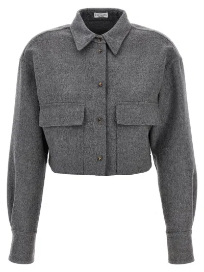 Brunello Cucinelli Cropped Cashmere Shirt In Gray