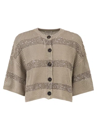 Brunello Cucinelli Cropped Cotton Cardigan With Luminous Sequin Stripes In Brown