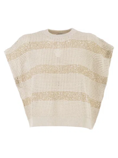Brunello Cucinelli Cropped Cotton Knit Top With Luminous Sequin Bands In Neutral