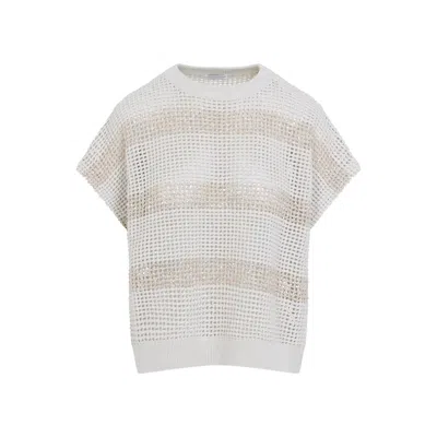 Brunello Cucinelli Cropped Cotton Knit Top With Luminous Sequin Bands In Multi