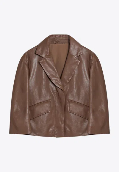 Brunello Cucinelli Cropped Leather Blazer With Monili In Brown