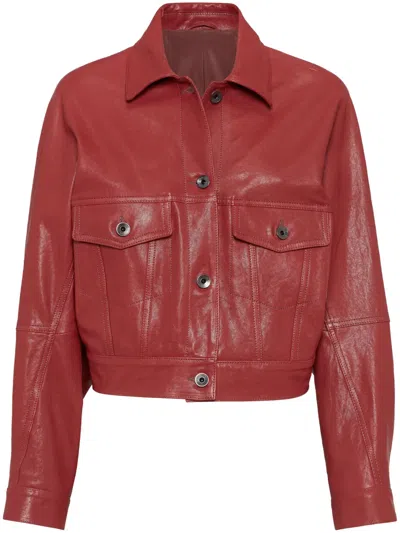 Brunello Cucinelli Cropped Leather Jacket In Blue