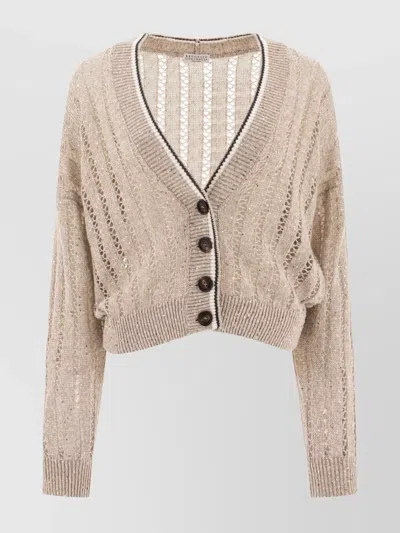 Brunello Cucinelli Cropped Metallic Knitwear V Neck In Beige