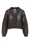 Brunello Cucinelli Cropped Open-knit Cardigan With Deep V-neckline In Brown