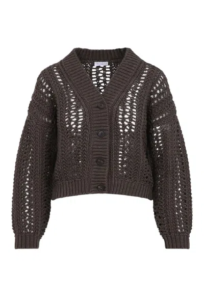 Brunello Cucinelli Cropped Open-knit Cardigan With Deep V-neckline In Brown