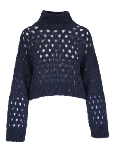 Brunello Cucinelli Cropped Open-knit Sweater With High Neckline In Blue