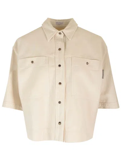 Brunello Cucinelli Cropped Shirt In Cotton And Linen In Beige