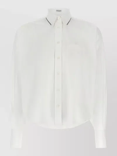 Brunello Cucinelli Cropped Shirt Shiny Trim Pointed Collar In White