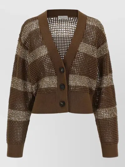 Brunello Cucinelli Cropped Striped V Neck Knit Cardigan In Green