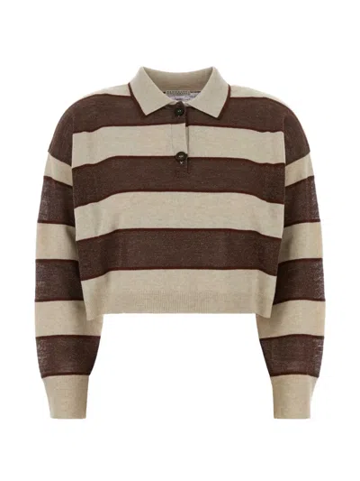 Brunello Cucinelli Embroidered Wool-blend Polo Shirt For Women In Brown