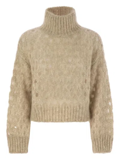 Brunello Cucinelli Women Dazzling Net Turtleneck Sweater Made Of Mohair And Wool Wispy In Gold