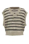 Brunello Cucinelli Cropped V-neck Knit Top With Textured Stripes In Multi