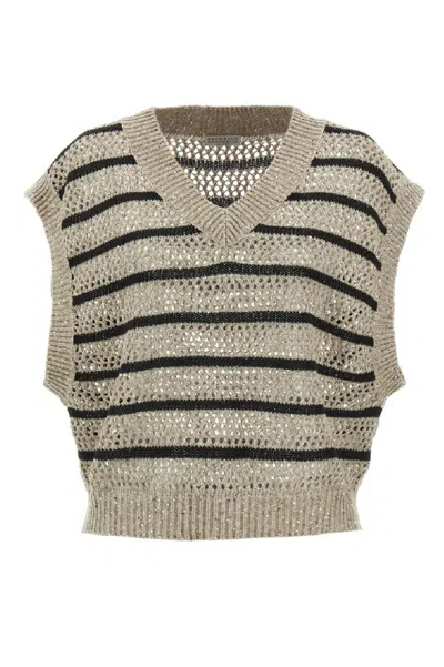 Brunello Cucinelli Cropped V-neck Knit Top With Textured Stripes In Multi