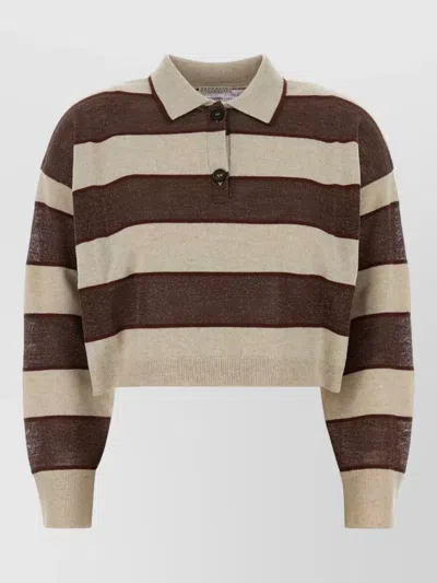 Brunello Cucinelli Cropped Wool Blend Polo Shirt Striped In Brown