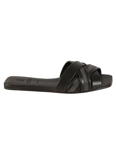Brunello Cucinelli Cross-strap Embellished Flat Sandals In Black