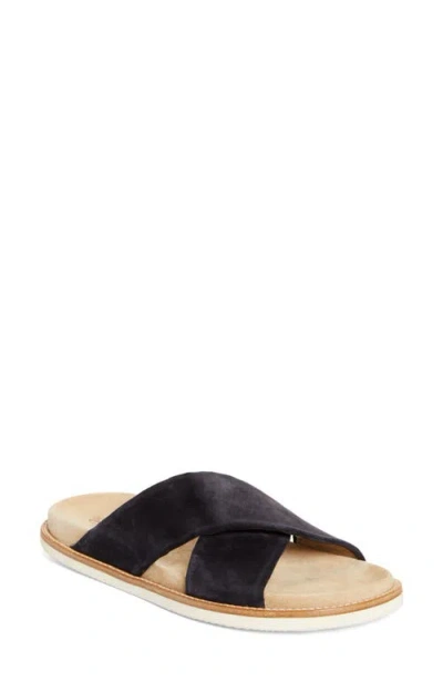 Brunello Cucinelli Cross Strap Suede Slide Sandal In Chh10 Dark Blue