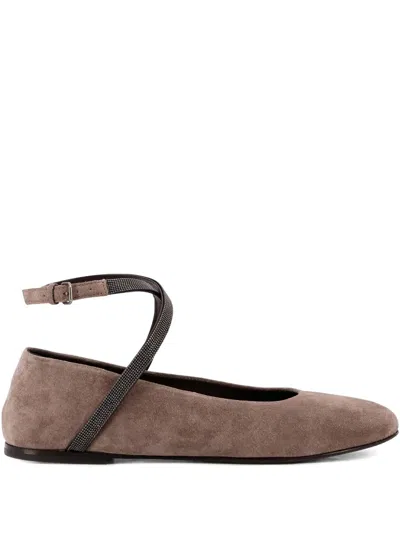 Brunello Cucinelli Crossover Strap Suede Flat Pumps In Brown