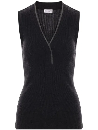Brunello Cucinelli Bead-embellished Ribbed Wool Top In Black