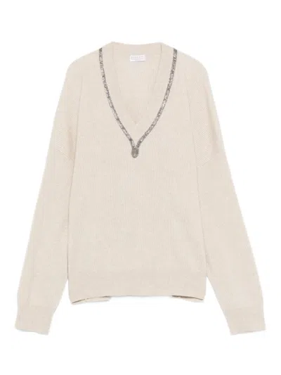 Brunello Cucinelli Crystal-embellishment V-neck Sweater In Neutral